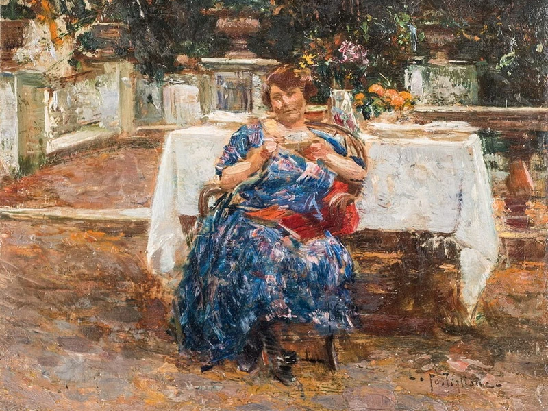 1876-Luca Postiglione - Dama seduta su una terrazza fiorita